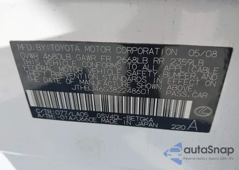 2008 Lexus Es 350 z USA, uszkodzony, nr VIN JTHBJ46G382248601